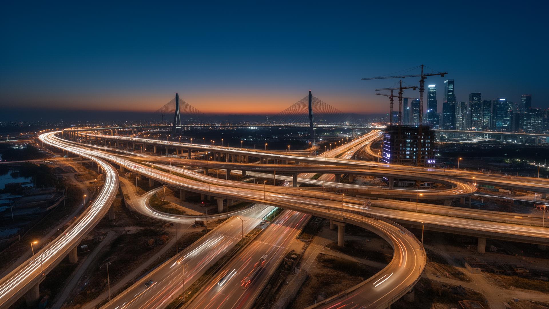 Aerial view of modern expressway interchange at dusk